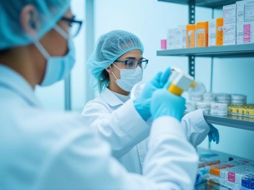 クリーンルームで医薬品の品質をチェックする検査員